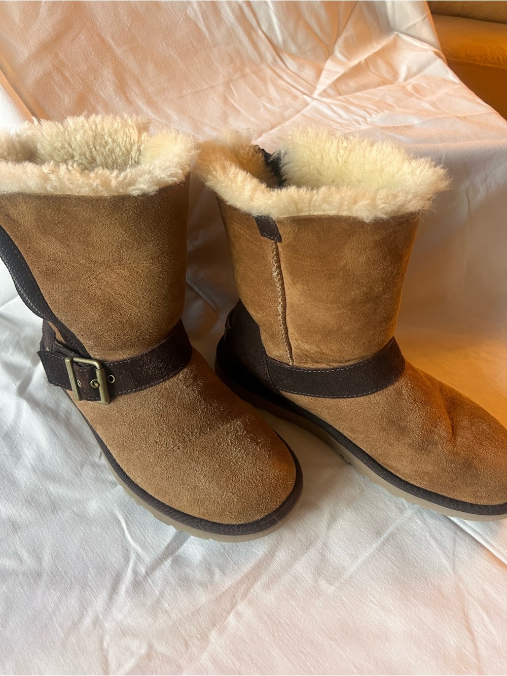 UGG Chestnut Suede Shearling-Lined Mid-Calf Boots with Dark Brown Strap Size 6